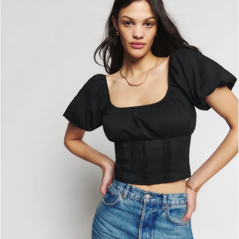 Reformation alayna linen top black puff sleeve SZ 2